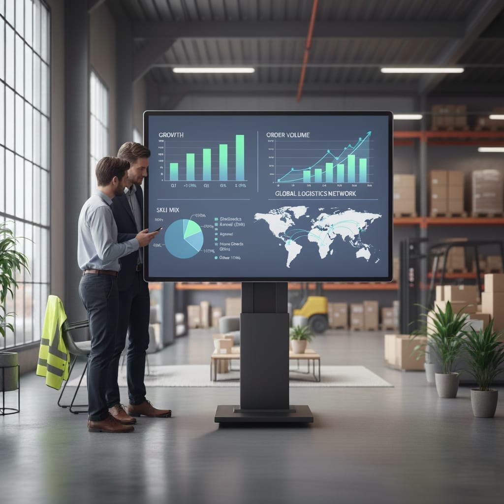 Two logistics managers reviewing dashboard with charts (growth, SKU mix, order volume, map).